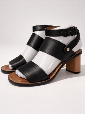 Celine Phoebe Philo Leather Block Heel Sandals, Ankle Strap, blk, EUC